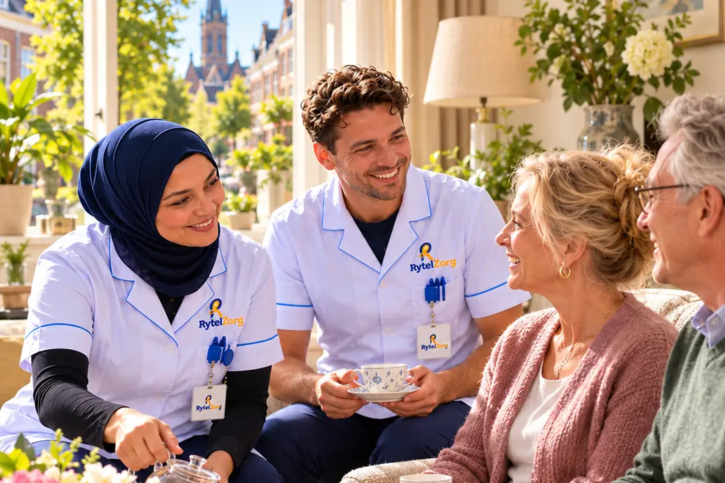 Zorgverleners van RytelZorg in gesprek met een ouder echtpaar